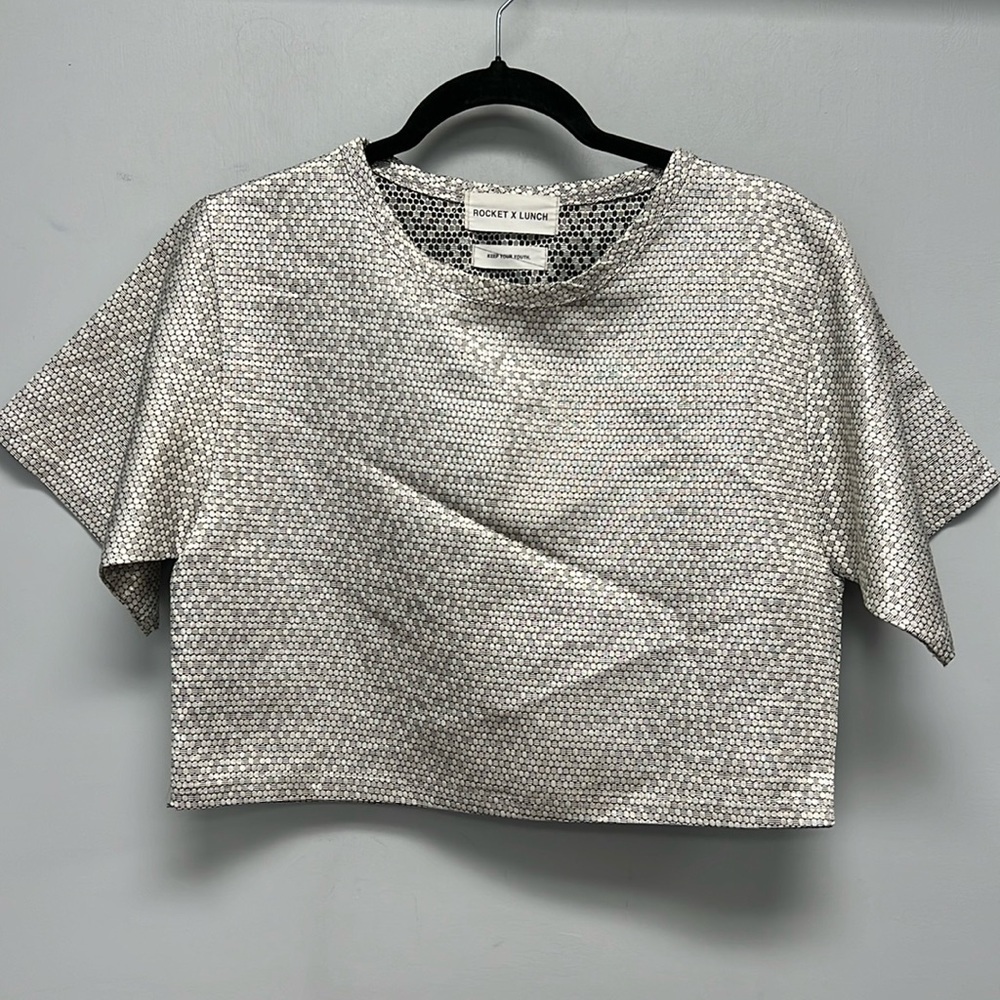 Rocket X Lunch Women’s Short Sleeve Cropped Metallic Blouse OS